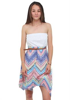 Coral & Blue Chevron Belted Crochet Upper Dress